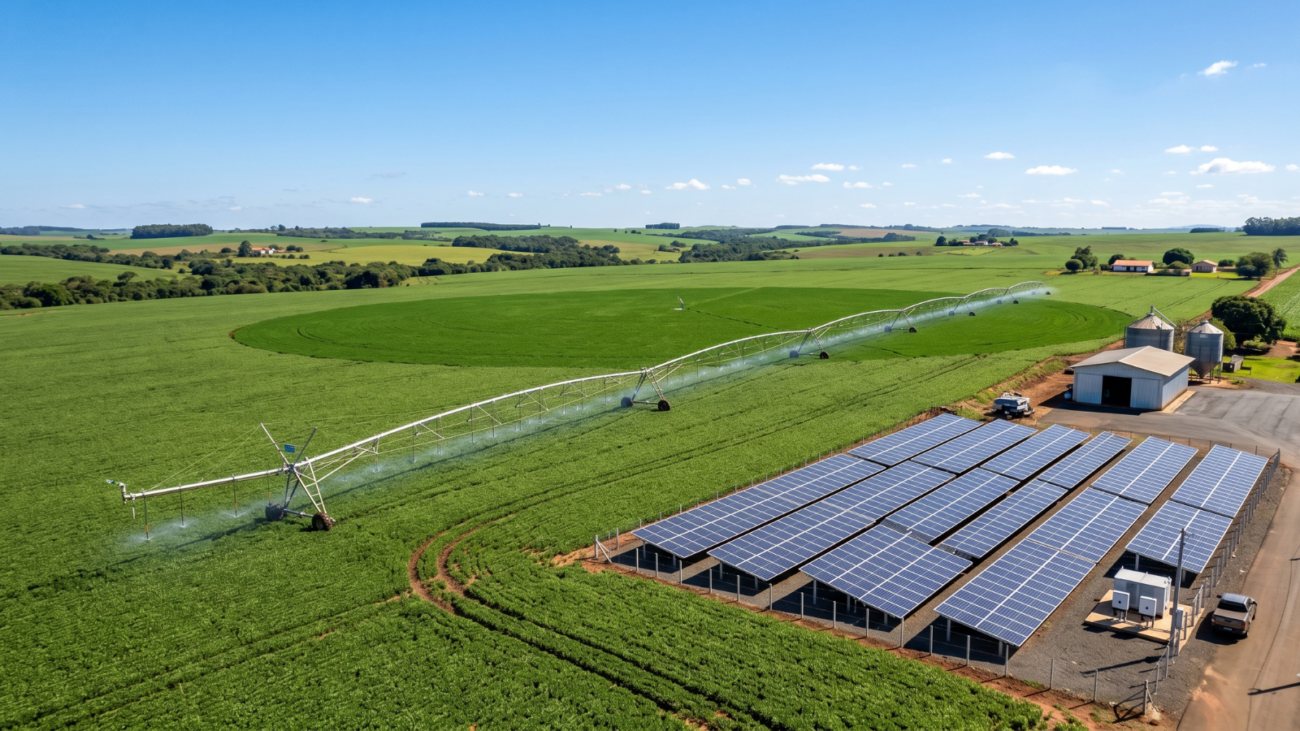 Painéis solares ao lado de pivô de irrigação em propriedade rural brasileira em 2026