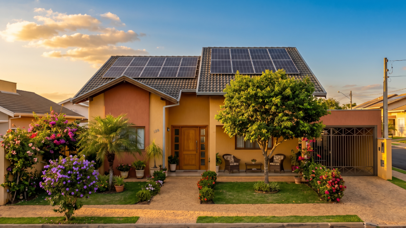 Casa residencial brasileira com painéis solares instalados no telhado em 2026
