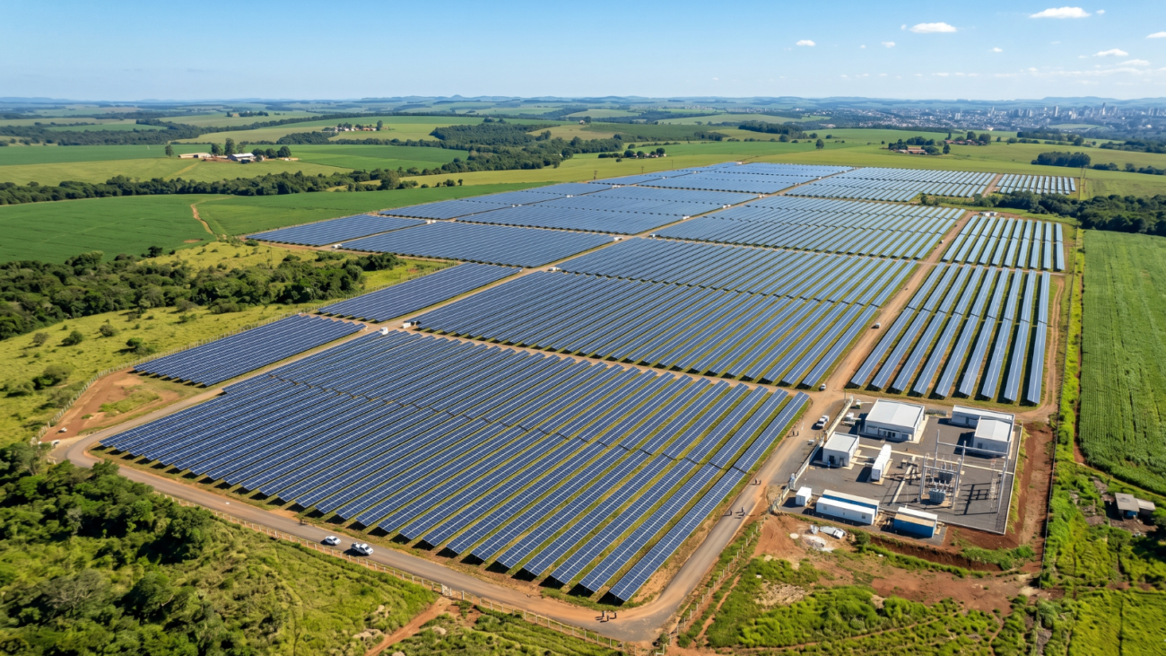 Vista aérea de uma fazenda solar com fileiras de painéis fotovoltaicos no solo no Brasil em 2026