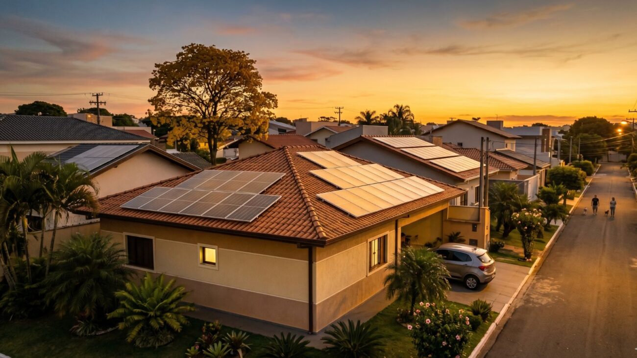 Sistema de energia solar instalado no telhado de uma residência no Brasil
