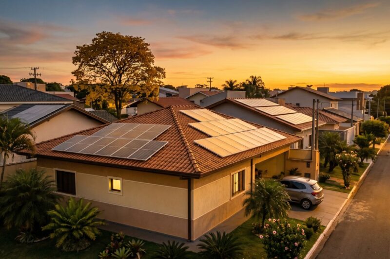 Sistema de energia solar instalado no telhado de uma residência no Brasil
