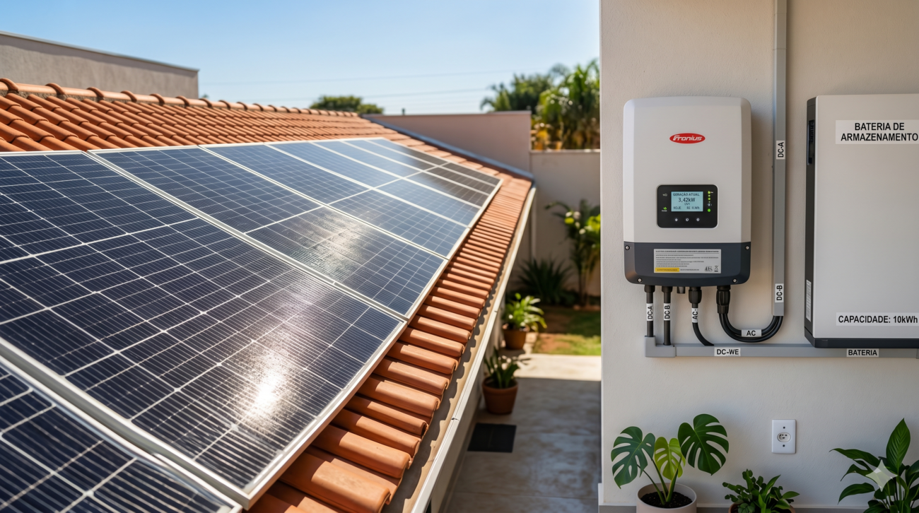 Painel solar, inversor e bateria de armazenamento de um sistema de energia solar